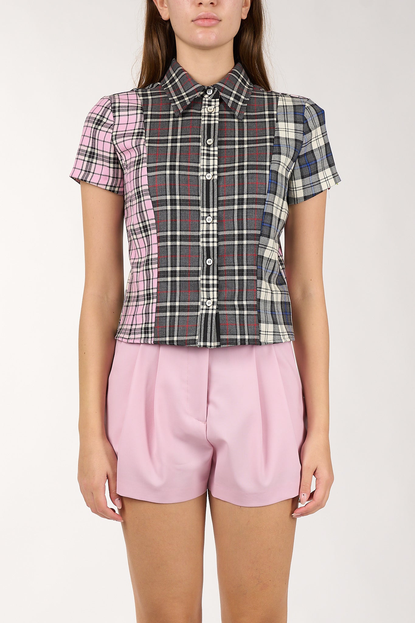 camicia cropped in lana tartan