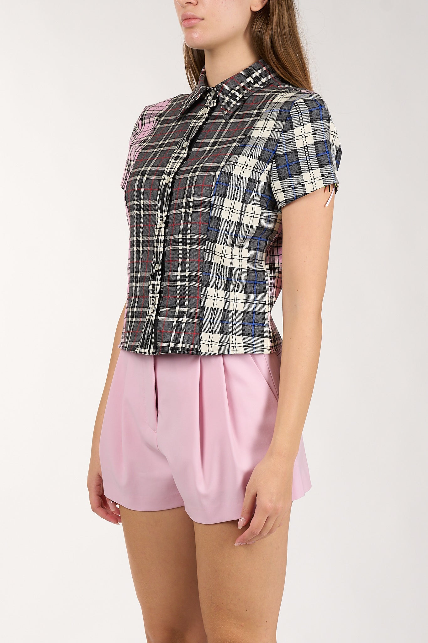 camicia cropped in lana tartan