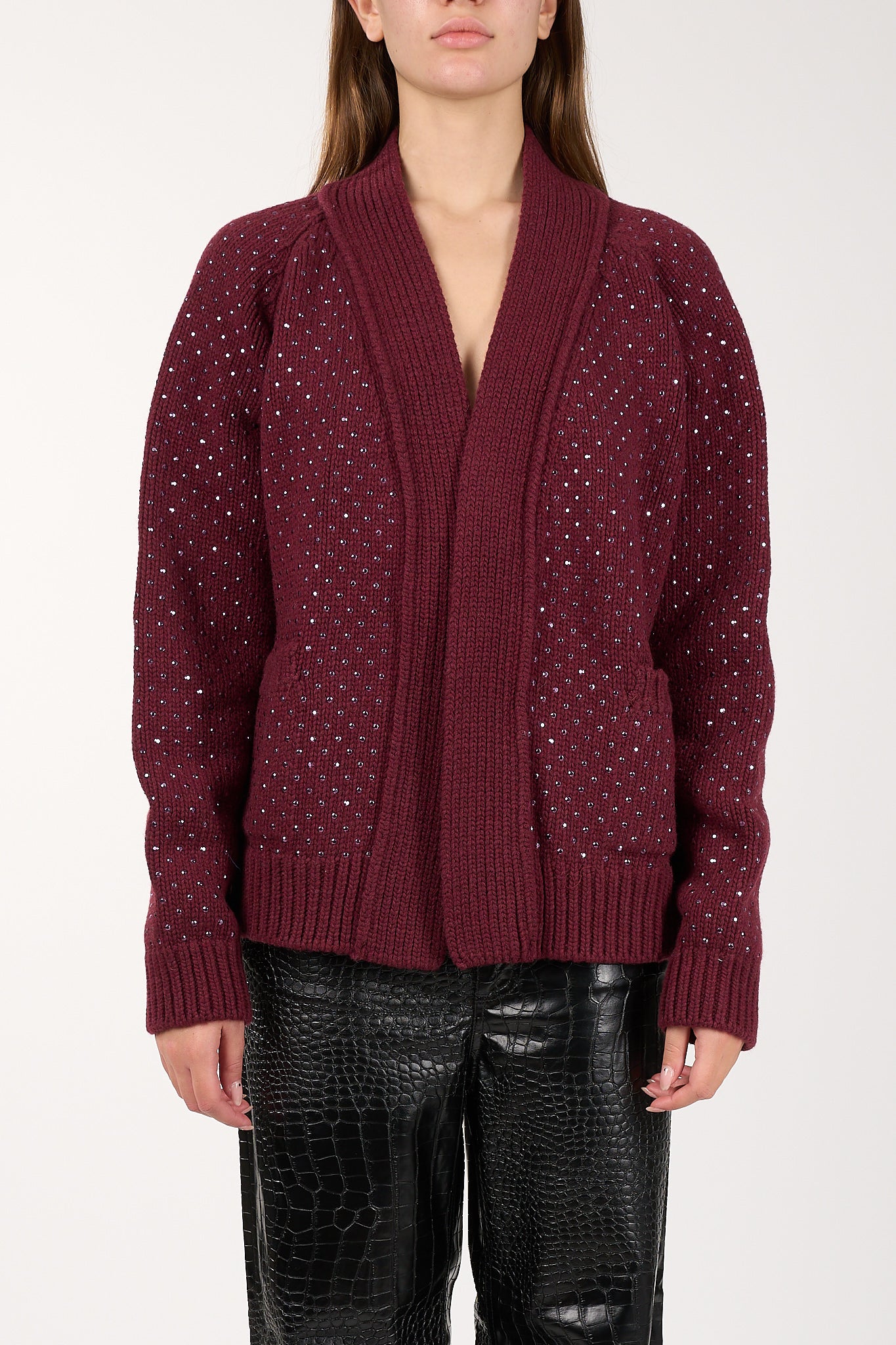 cardigan in lana con microstrass